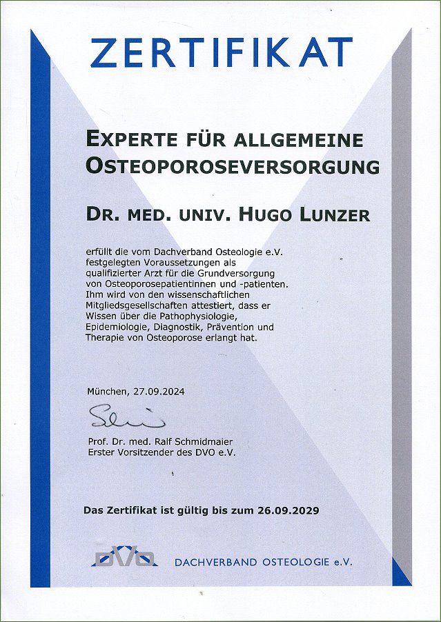 Zertifikat Experte für allgemeine Osteoporoseversorgung